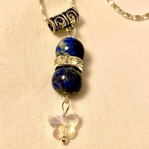 🎆 💎genuine Lapis Lazuli beaded necklace, Swarovski crystal inlay.